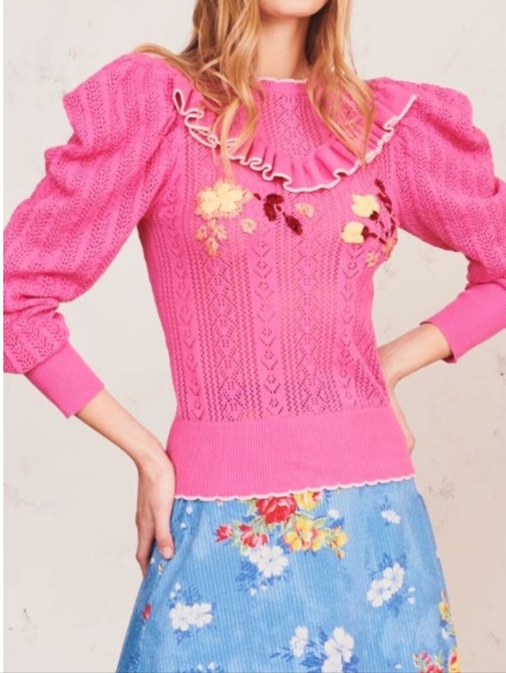 LoveShackFancy Rennley Pink Ruffle-Accent Knit Sweater Cottagecore Shabby Chic S